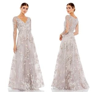 Mac Duggal Appliquéd Illusion Long Sleeve A-Line Gown in Vintage Lilac 20245
